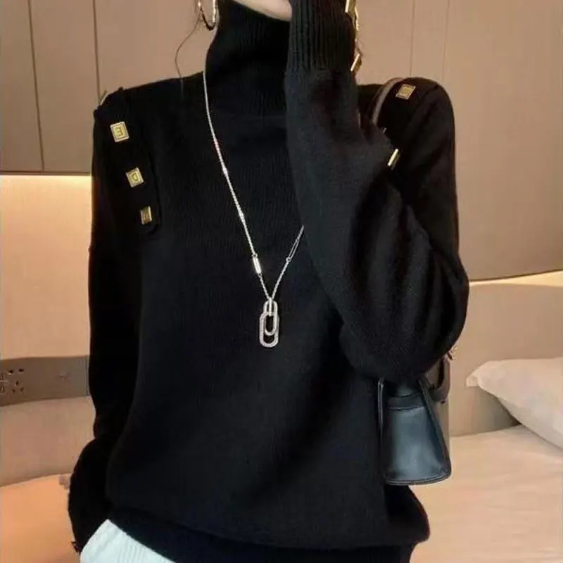 Autumn Winter Casual Spliced Button Jumpers Female Clothing Korean Turtleneck Stylish Solid Color Commute Loose Knitted Sweaters