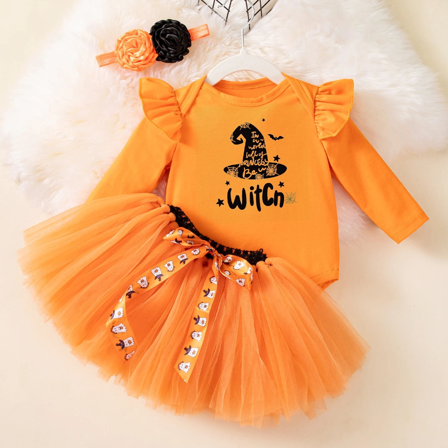 

0-3 Moths Infant Girl Halloween Costumes Litter Girl Bodysuit with Pumpkin Orange Tutu Skirt Headband Baby Halloween Clothes