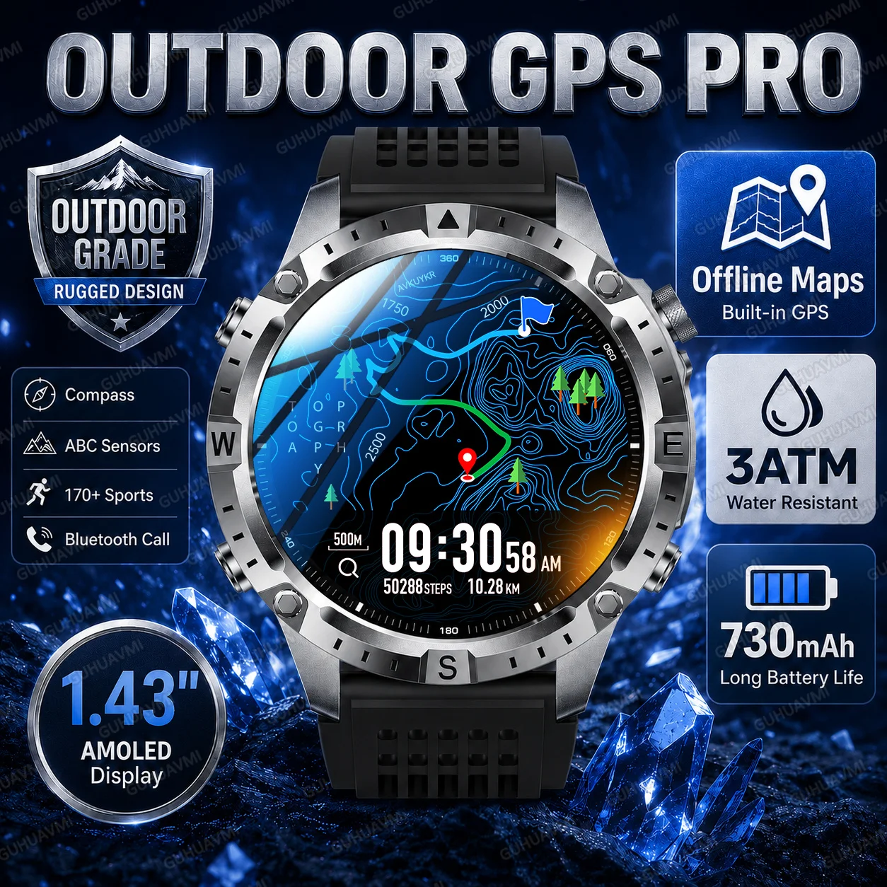 

Outdoor GPS Pro Smart Watch Offline Maps 730mAh Battery 1.43 AMOLED 3ATM Waterproof 170+ Sports Compass ABC Sensors Men Watch HD