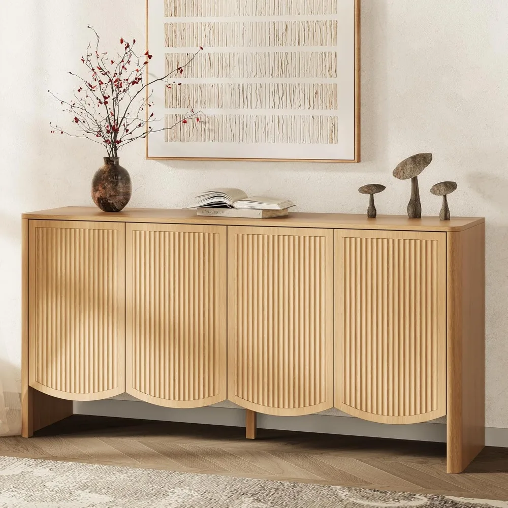 Buffet aparador estriado con almacenamiento, gabinete de almacenamiento con puerta y estantes ajustables, mesa consola de credenza moderna