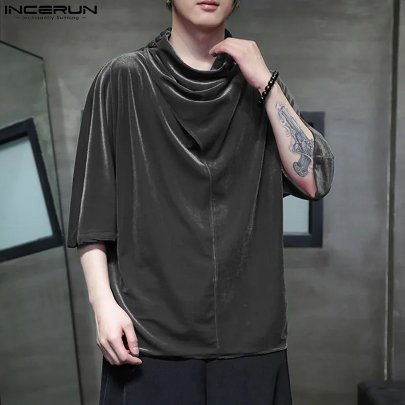 INCERUN Men\'s T Shirt Solid Color Turtleneck 3/4 Sleeve Streetwer Velour Casual Men Clothing 2024 Loose Fashion Male Tee Tops