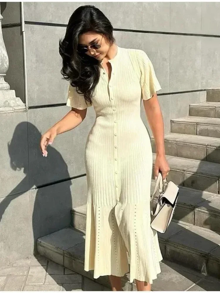

Women Elegant Knitted Long Dress Casual O Neck Solid Short Sleeved Button High Waist Split Dresses New Female Fashion Gown