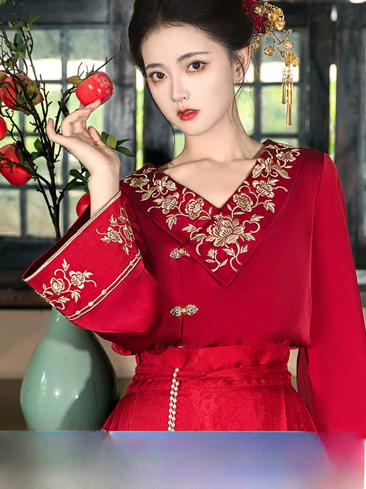 

Red New Chinese Style Hanfu Wedding Dress Women's Engagement Ceremony Poly Fiber 100% Traditional Tail Skirt