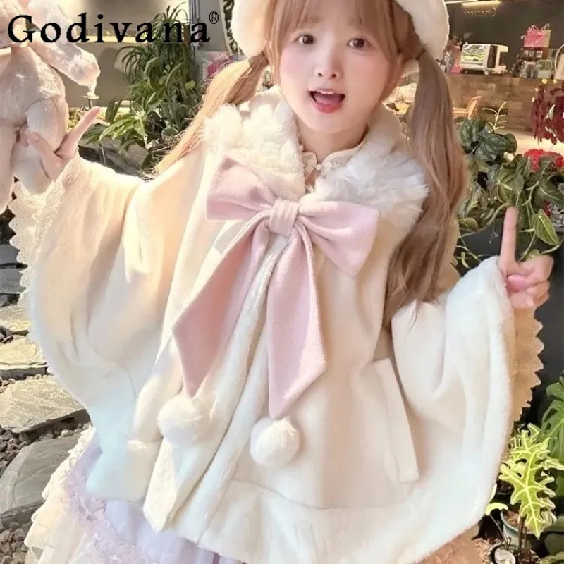 

Winter Sweet Cute Lolita Capes for Women with Bowknot Soft Girl Autumn Winter New Cape Shawl Female Japanese Style Coat