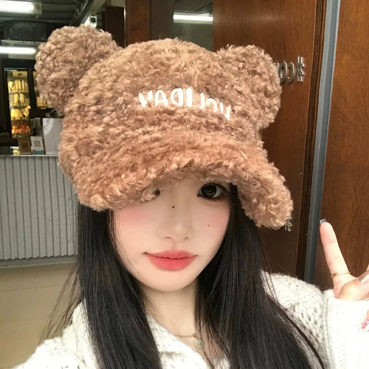 Reversible Cute Bear Ears Shearling Fleece Baseball Cap for Women Wide-Brimmed Warm Duckbill Hat for Fall/Winter