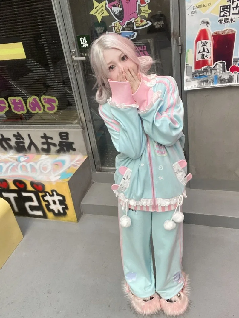 Japanese Harajuku Suit Y2k Two Piece Sets Streetwear Outfits Casual Fashion Cartoon Hoodies + Wide Leg Pants Female 2024 Autumn