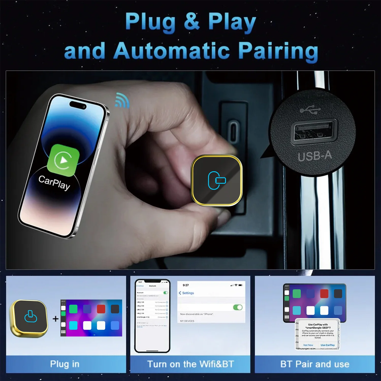 Adaptateur Carplay sans fil 2 en 1, convertit fil vers Carplay sans fil et Android Auto AI Smart Box pour voitures Carplay filaires 98%