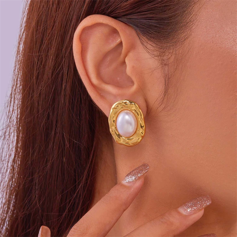 أقراط مرصعة بشكل بيضاوي غير منتظم للنساء ، فولاذ مقاوم للصدأ 316 لتر ، طراز فرنسي قديم ، لؤلؤ مُدمج ، مجوهرات راقية ، موضة جديدة ، #2