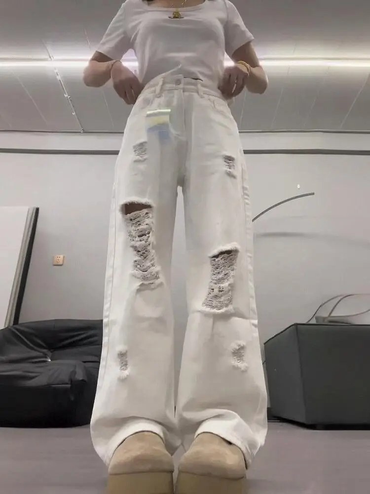 

High-waisted White Ripped Wide-leg Jeans American Vintage Korean Streetwear Y2k Clothes Cargo Pants Womens Denim Trousers Women