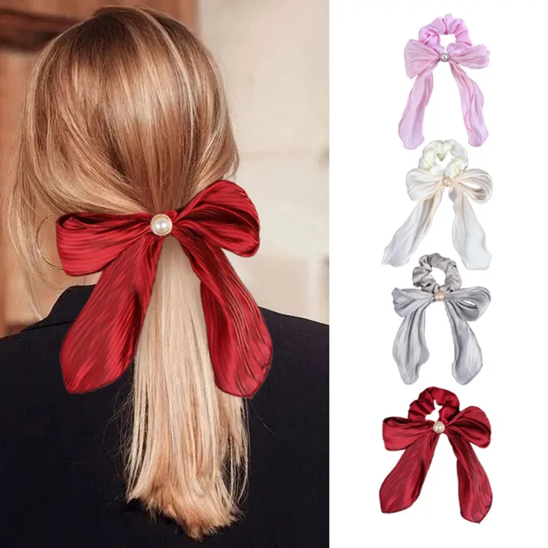 

1PCS Satin Pearl Bow Scrunchies Women Adorable Chic Trendy Elegant Accessory Stylish Hair Ties Girls Headwear Daily Hairstyles