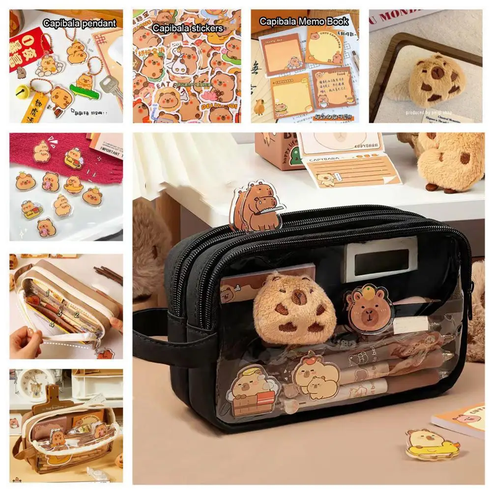 1 Set Pencil Case Set with Bonus Doll Stickers Waterproof Multi-Level Compartments Pencil Pouch Capybara Doll Pencil Bag