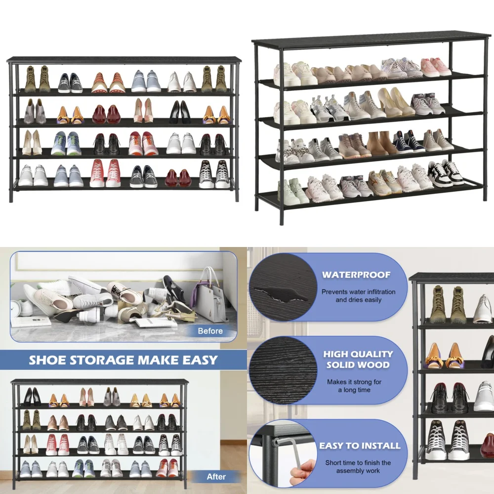 

5 Tier Shoe Rack Organizer Storage with Steel Frame Waterproof Fabric Modern Space Saving Entryway Closet Shelf for Home