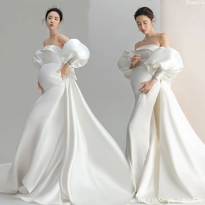 

White Sexy Maternity Photography Dress New Baby Shower Satin Pregnancy Photo Shooting Clothes For Pregnant Women Party Maxi Gown