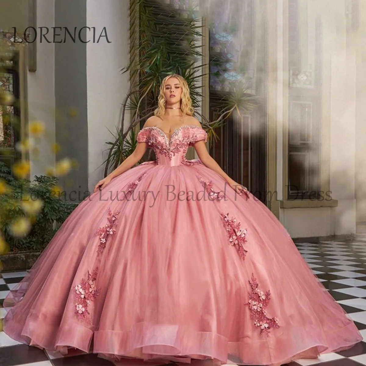 Pink Quincenara Dress Mexican Beading Applique 3D Flowers Off The Shoulder Sweet 15 16 Ball Gown Sleeveless Vestidos De 15 Años