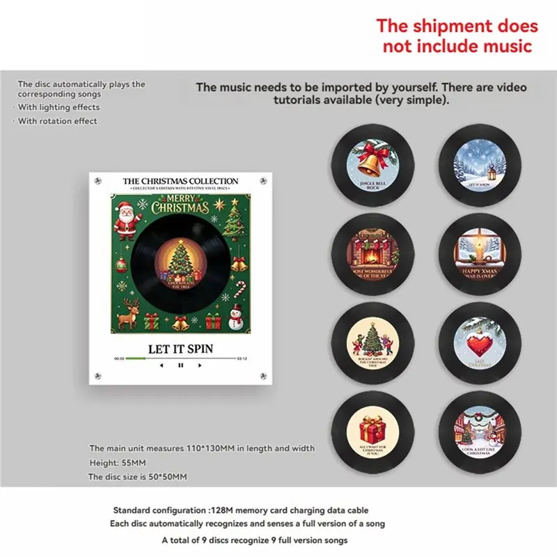 LLCS-Christmas Music Box With 9 NFC Discs Magnetic Vinyl Player For Fridge Minirecord Player Magnet For Refrigerator Decor