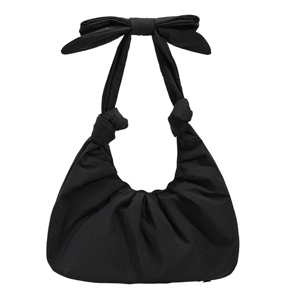 

Temperament Sweet Pleated Bow Tote Bag Korean Style Pure Color Nylon Dumplings Bag Bowknot Minority Design Handbag Outdoor