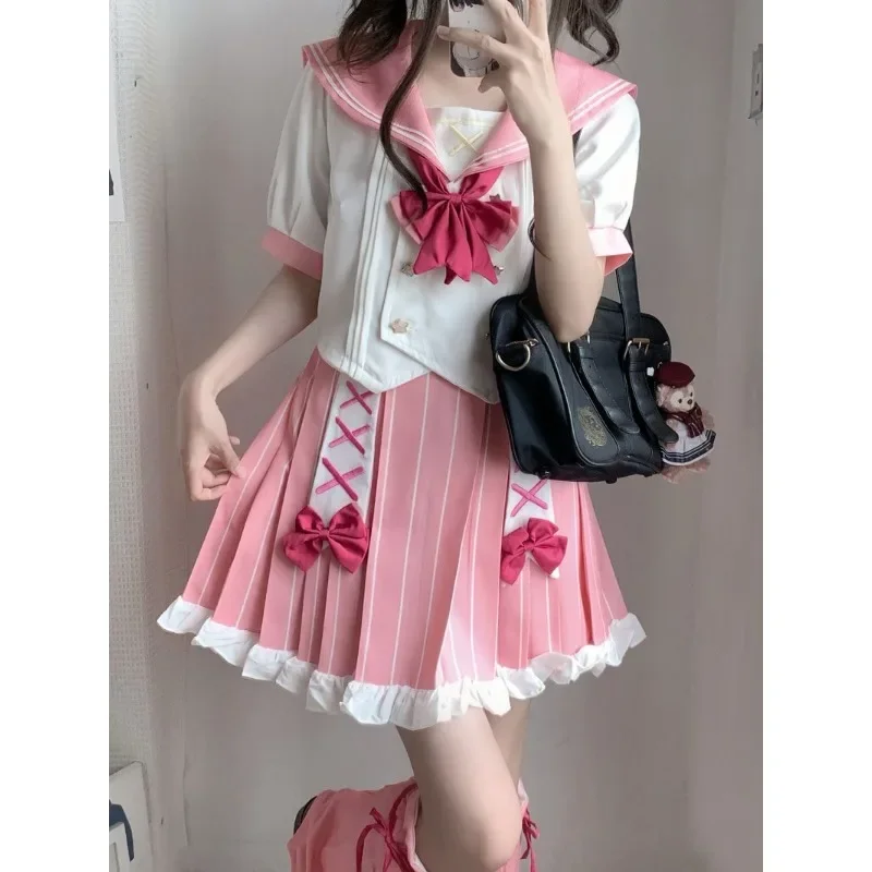 Original Kawaii Katze isst Fisch Matrosenanzug Top Rock Fliege Beinabdeckung Frauen japanische Mode Cosplay JK Anzug Schulkleidung