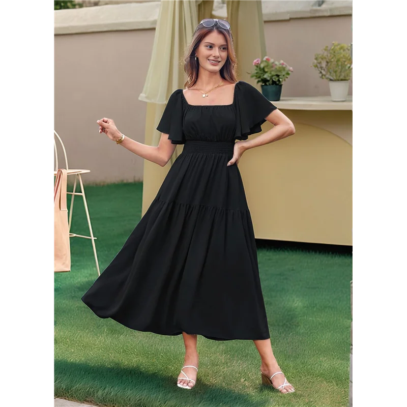 FX-Women's Summer Short Sleeve Square Neck Smocked Waist Casual Vacation Tiered Flowy Maxi Dress