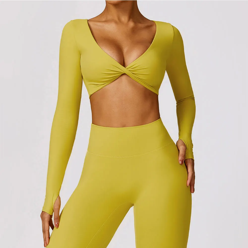 Seksowna krótkie bluzki gimnastyczna z długim rękawem dla kobiet Twist Deep V Workout Crop T Shirt Top szybkoschnący wyściełany sportowy Push Up Top