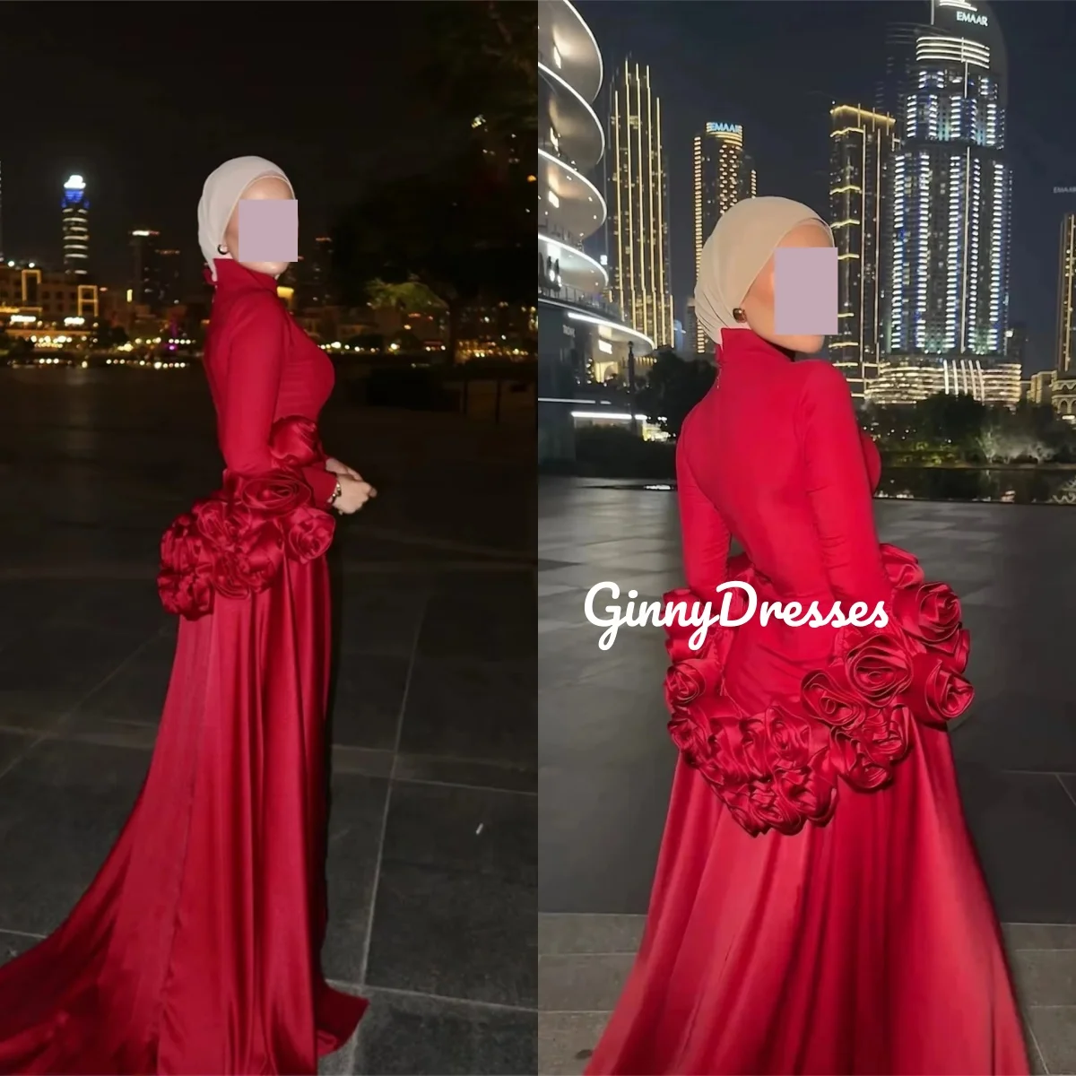 

Customize Prom Dresses Red A-Line Hig Scoop Neckline Floor-Length Luxury Evening Dresses Flowers Zipper Up Long Sleeves Formal