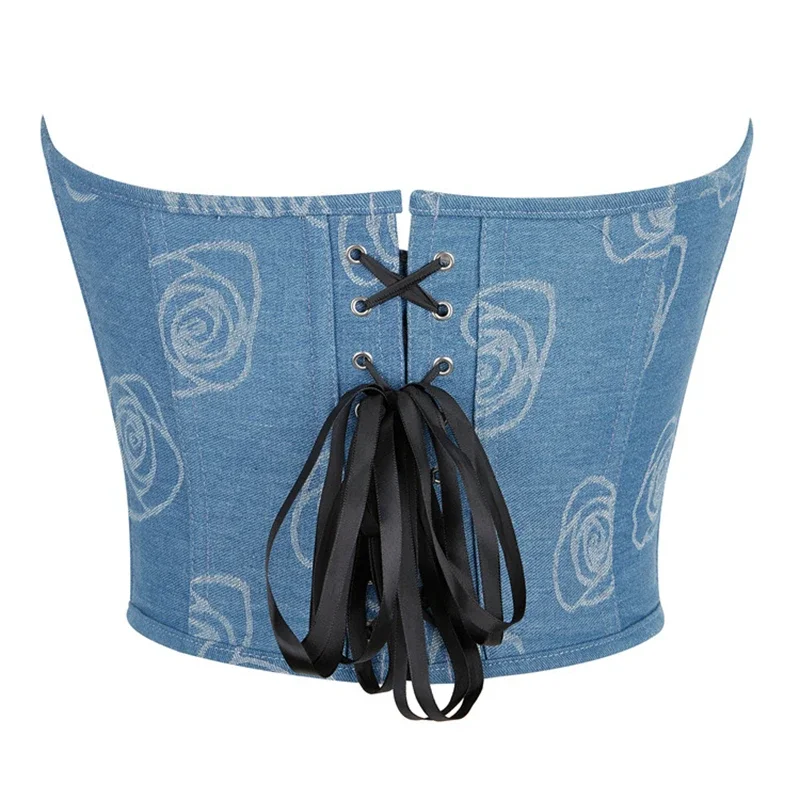 Sexy Off Shoulder Bustier Fashion Floral Print Denim Corset Crop Top Zipper Sleeveless Corsets Women Summer Party Streetwear