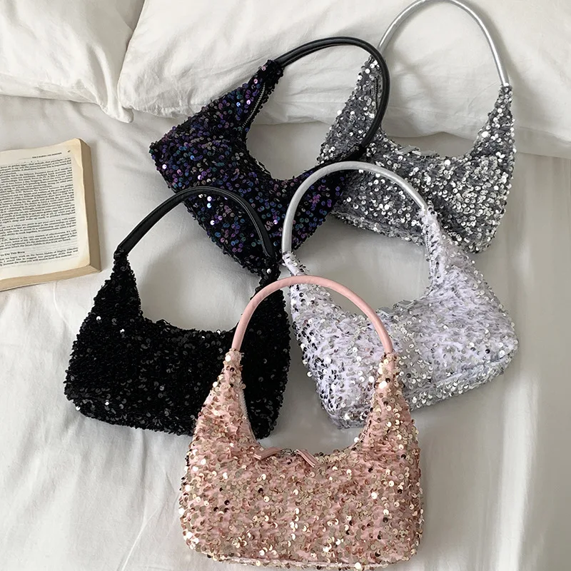 Blingbling Small Sequin Shoulder Bags for Women 2024 Y2K Party Designer Korean Fashion Handbags and Purses Underarm Bag