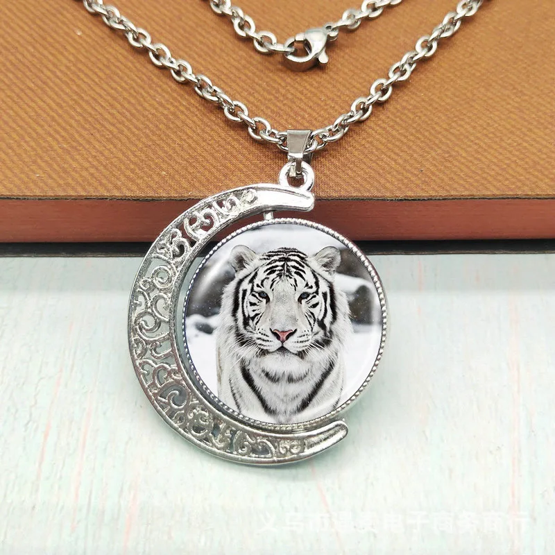 Spot Tiger Stainless Steel Necklace Double-sided Time Gemstone Rotating Moon Pendant Europe and The United States Retro Sweater