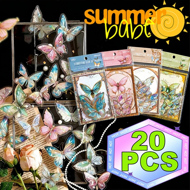 

Набор из 20 наклеек INS с бабочками из ПЭТ, лазерные золотые стикеры с эффектом ледяного кристалла, для декора блокнотов, 3D-скрапбукинга, планировщиков и дневников