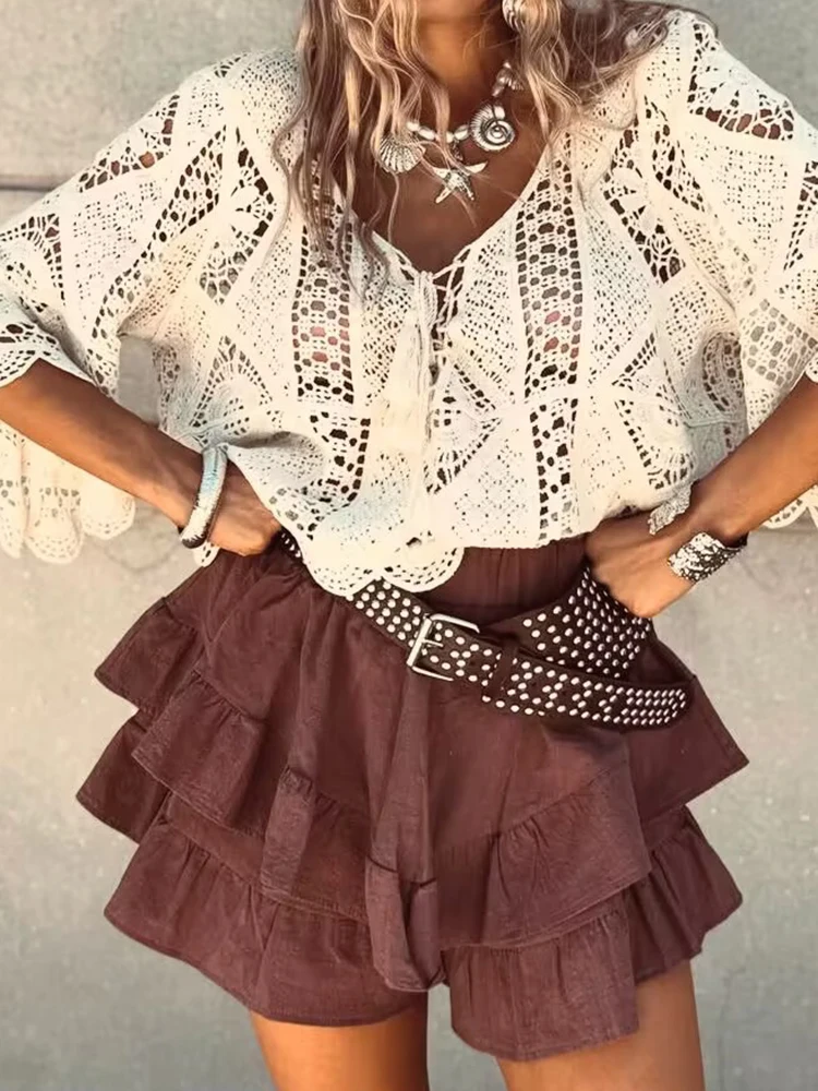 Stijlvol uitgehold mesh vakantieshirt Zomer uitlopende mouwen Pure kleur strand cover-up Lady V-hals doorzichtige veter-top voor woon-werkverkeer