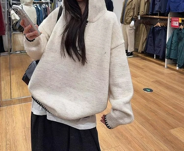 

Apricot Hooded Long Sleeve Pullover Sweater for Women Thick Loose Knitted Top for Autumn and Winter Casual Lazy Style