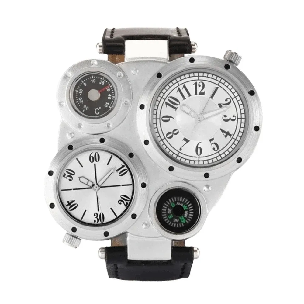 

PU Leather Strap Big Face Watches Large Dial Leather Strap Dual Time Zone Watch Luminous Compass Decoration Men's Watch Male