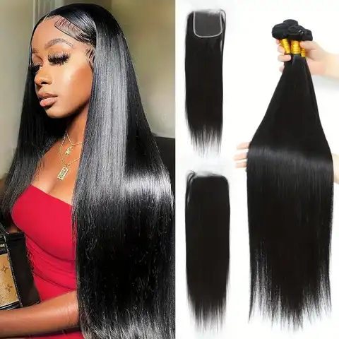 4 Bundles Indian Human Hair Straight Bundles With Closure 4x4 Lace Free Part Virgin Silky Straight Hair Extensions With Closure