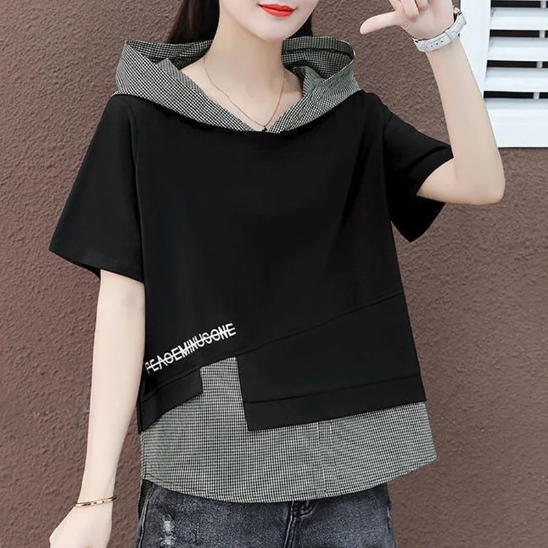 Fashion Hooded Spliced Lattice Fake Two Pieces Blouse Female Clothing 2023 Summer New Casual Pullovers Korean Embroidery Shirt