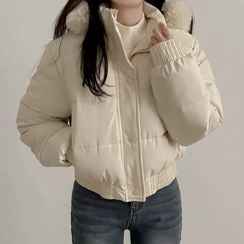 Fur Collar Cotton Coat Women's Short 2025 Winter New Thickened Hooded Warm and Velvet Cotton Coat for Small People
