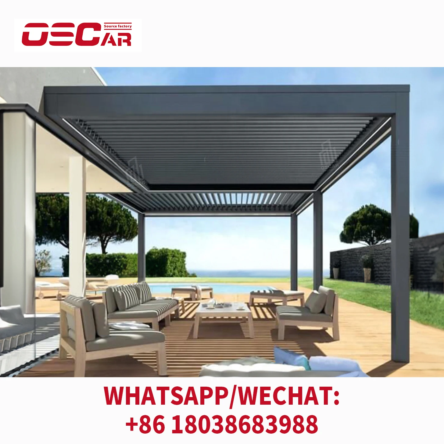 Outdoor garden pergolas, aluminum and PVC pergolas, pavilions, and electric automation of bioclimatic pergolas roofs