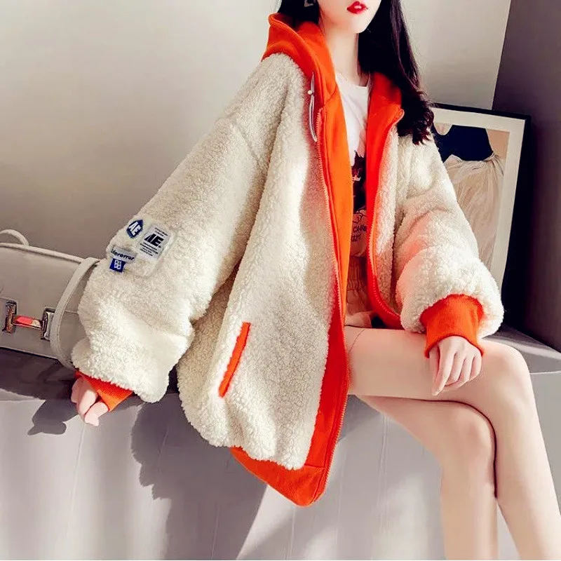 

Patchwork Velvet Jacket Women Versatile Autumn Winter Version Loose Hooded Zipper Cap Sweatshirt Women Pocket Coat