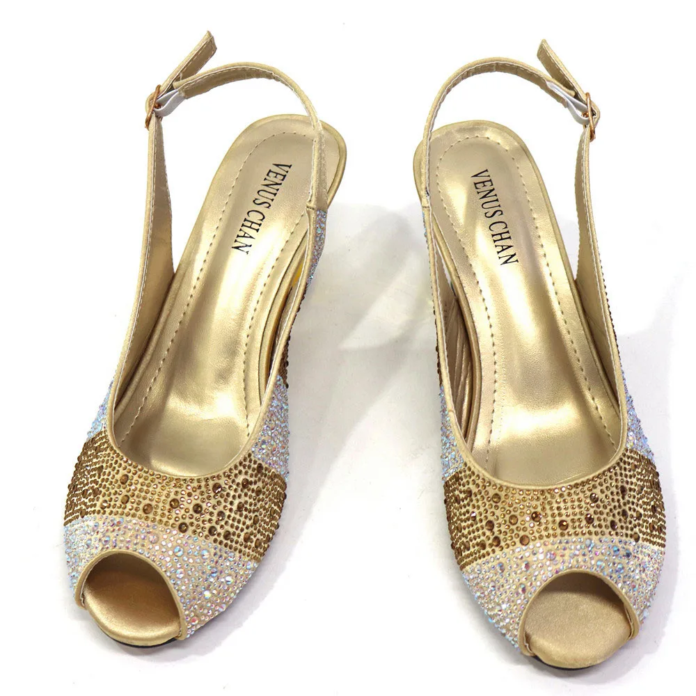 2024 Special Design Peep Toe Shoes Matching Bag Set in Golden Color Comfortable Heels For Women Wedding Party Pump