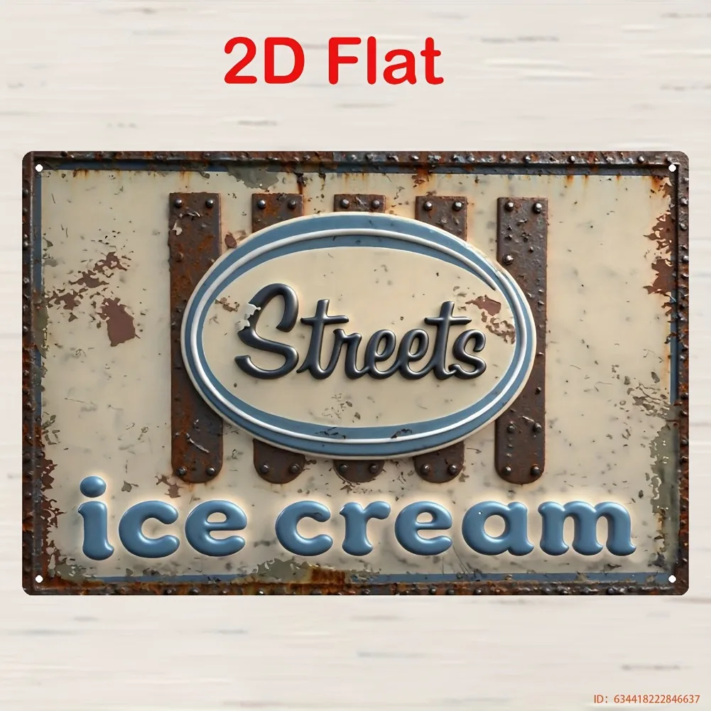 لافتة مسطحة ثنائية الأبعاد، قطعة واحدة من لافتة صالون الآيس كريم العتيقة - لوحة معدنية على طراز عشاء 50s/60s مع حروف فيروزية - حديد عالي التحمل