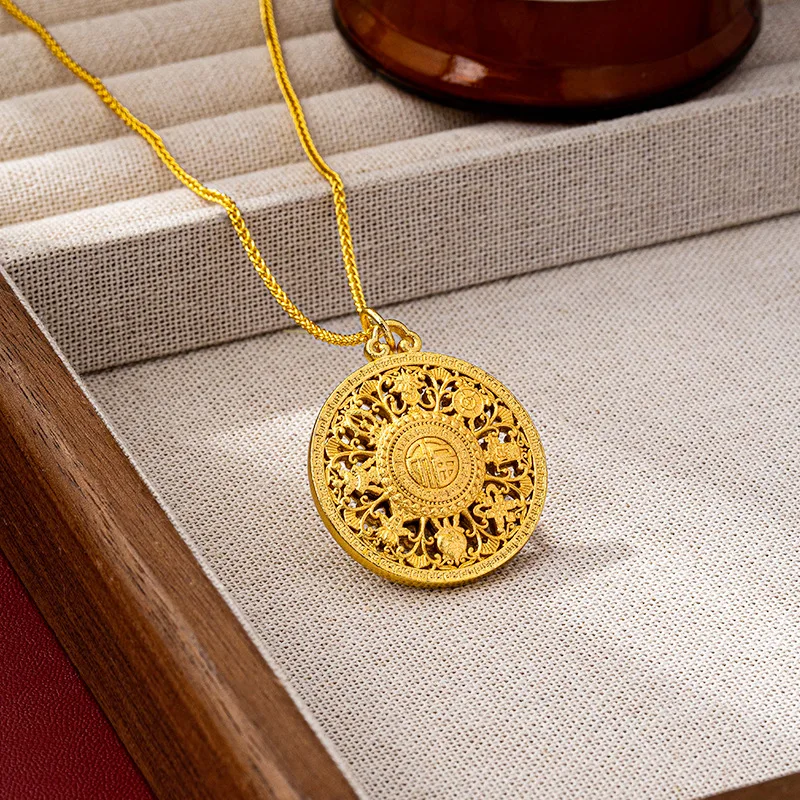 Chinese Hollow Eight Treasures Compass Necklace Women Sand Gold Fu Character Lucky Round Pendant Vintage Palace Style Jewelry