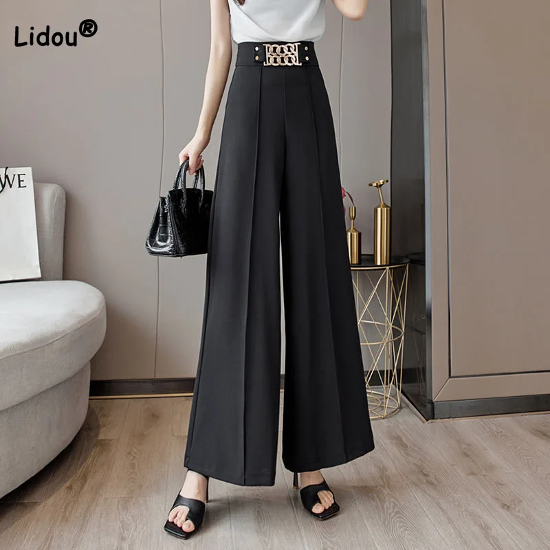 

Office Lady Fashion High Waist Metal Spliced Wide Leg Pants Spring Summer Elegant Solid Color Casual Trousers Women's Clothing