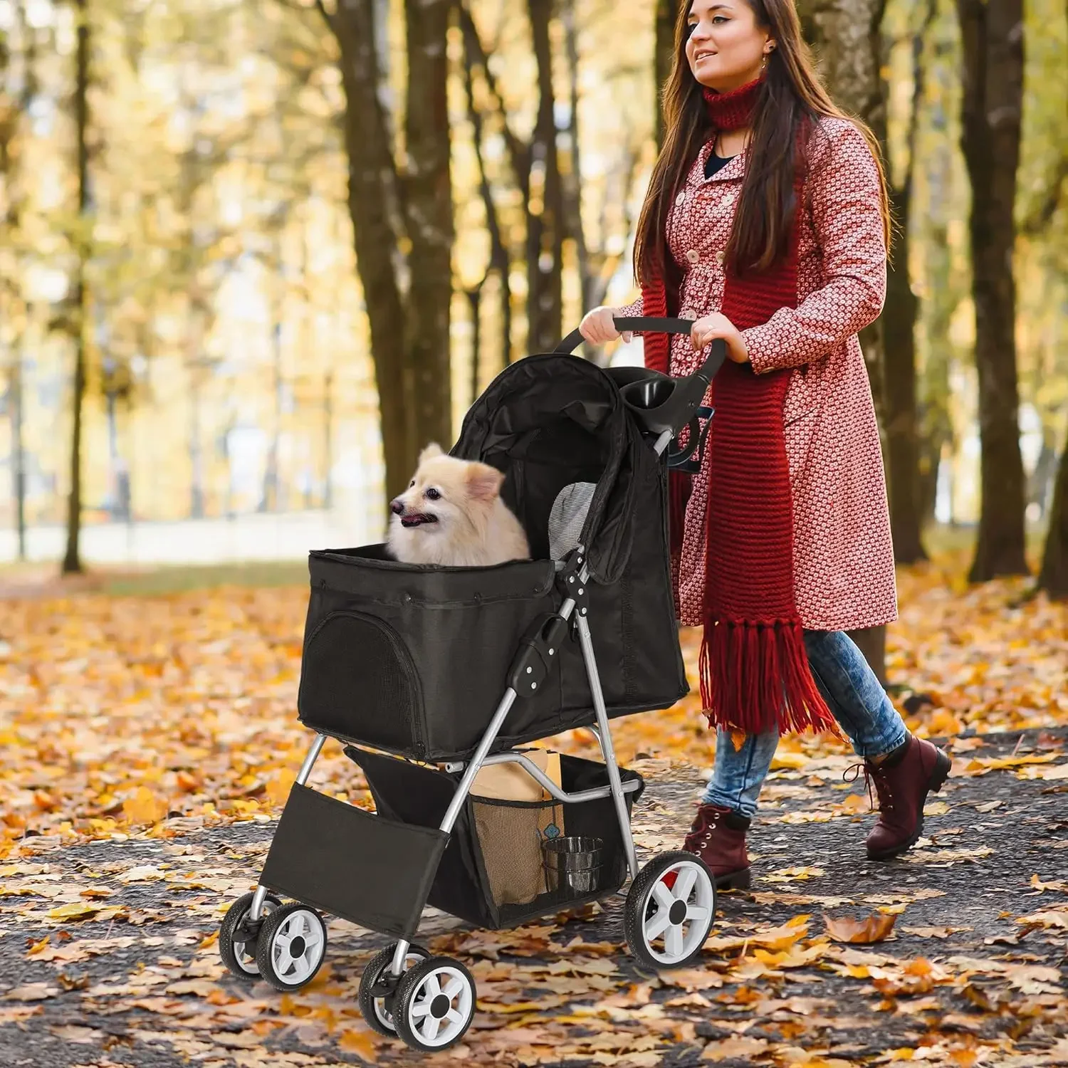 Microdermabrasion Pet Stroller 4 Wheels Dog Stroller for Small Medium Dogs Foldable with Storage Basket and Cup Holder