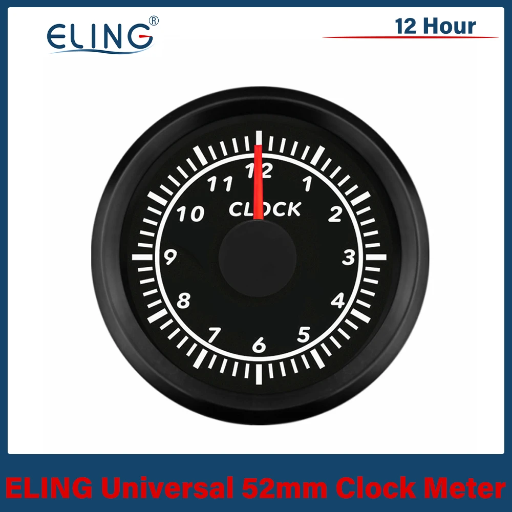 

ELING New Universal Waterproof 52mm Clock Meter Gauge 12 Hour Format with Red Backlight 12V 24V for Car Boat Yacht