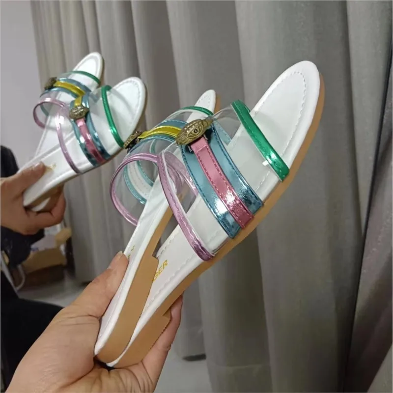 2024 foreign trade summer new color flat slippers female metal eagle head to wear a line of casual slippers