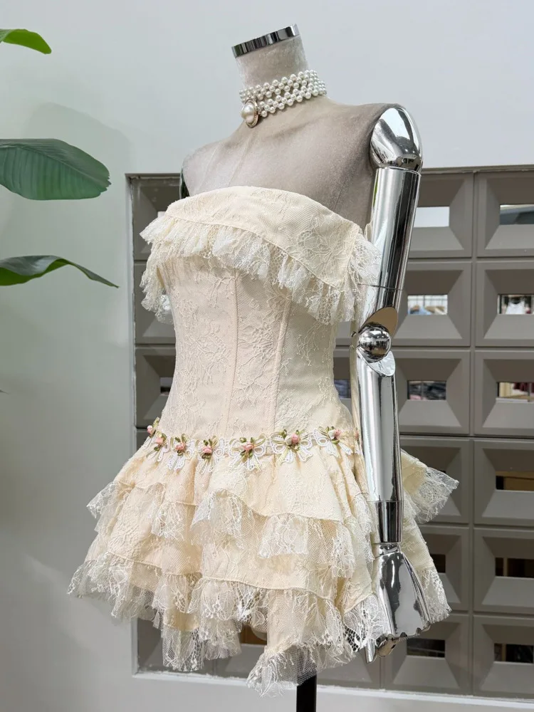 Dfdg feminino 2025 primavera verão designer renda em camadas vestido oco assimétrico bainha chique festa de férias tubo topless vestido de festa