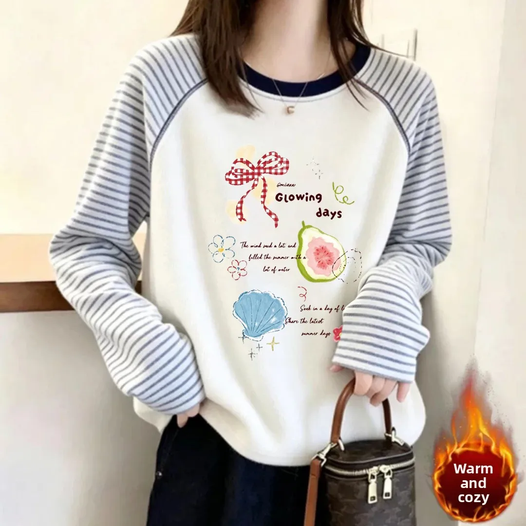 Thickened German Velvet Long Sleeve T-Shirt Women's Loose Casual Top Flocking Base Shirt Autumn Winter round Neck Pullover