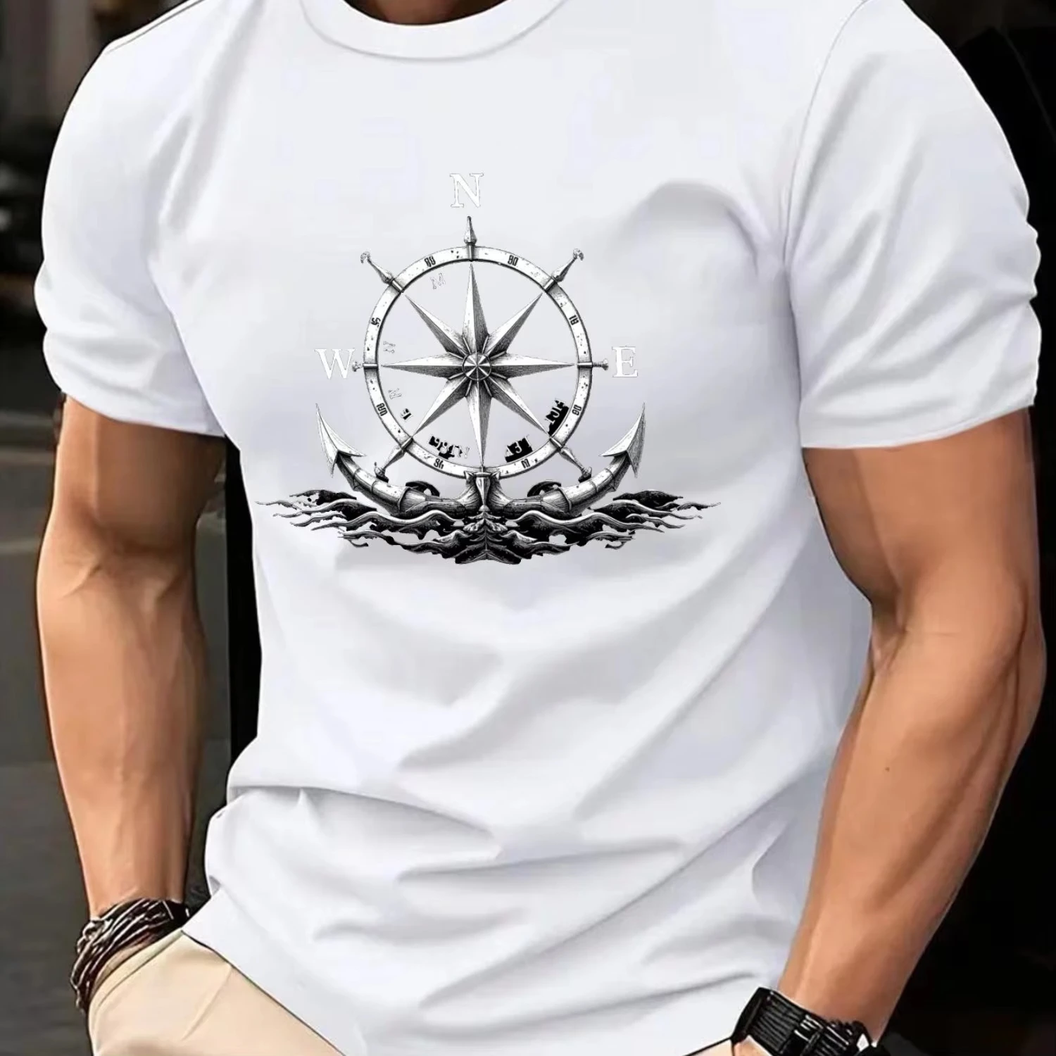 Men Nautical Compass Ship Wheel Graphic T-Shirt - White Maritime Tee Breathable Knit Fabric for Casual Formal Outfits
