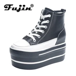 Fujin Women's High Top Sneakers Casual Leather Lace up Boots Sneakers For Woman Spring Autumn Shoes High Heels Sneaker Shoes