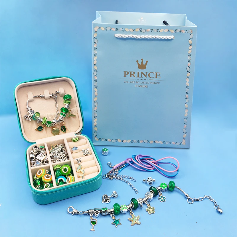 

Green Theme DIY Charm Bracelet Necklaces Jewelry Making Kit with Gift Box for Girls Women Valentines Birthday Christmas Gift