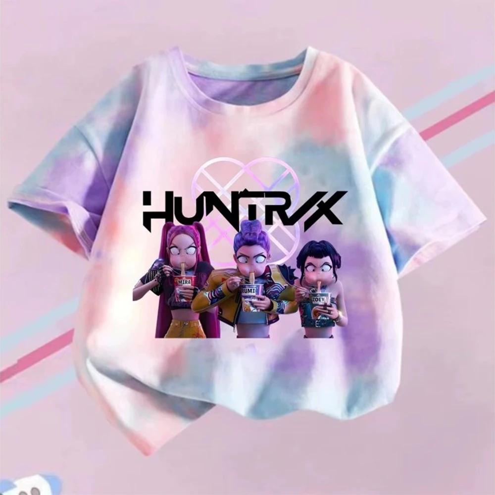 KPop شيطان الصيادين تي شيرت الأطفال الأرجواني التعادل صبغ الفتيات س طوق الملابس قصيرة الأكمام المحملة الاطفال الصيف/الخريف الملابس هدية