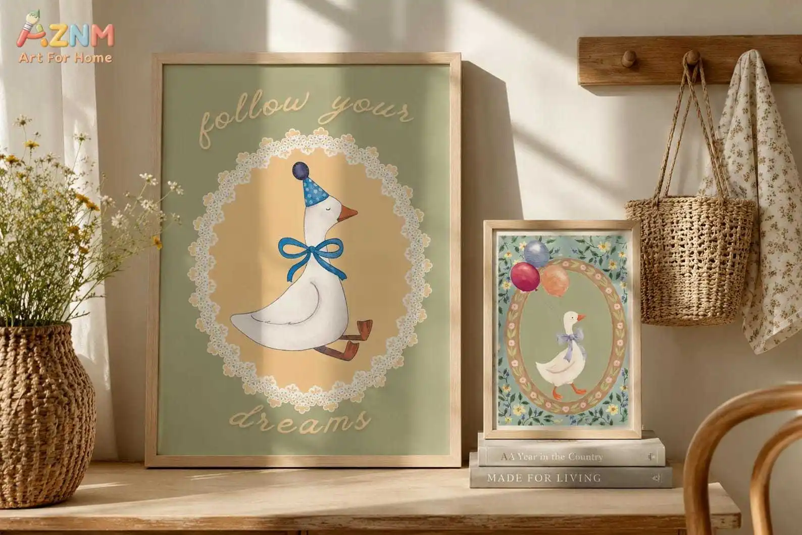 AZNM Cute Cartoon White Duck Floral Canvas Print Vintage Nursery Wall Art Unframed Canvas Painting